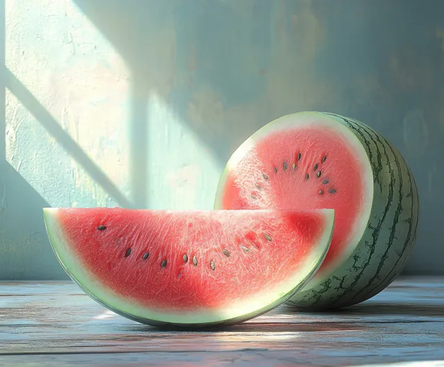 Ripe watermelon half and slice on white surface with vivid red fruit flesh