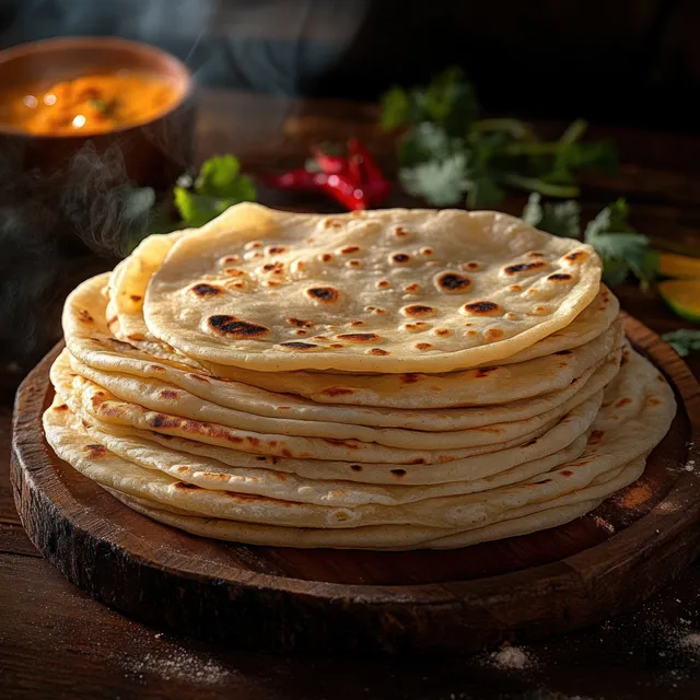 Stack of steaming flatbreads on wooden board beside a bowl of spicy curry sauce