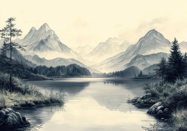 Monochrome river cutting through mountain forest valley, ink drawing with crosshatching