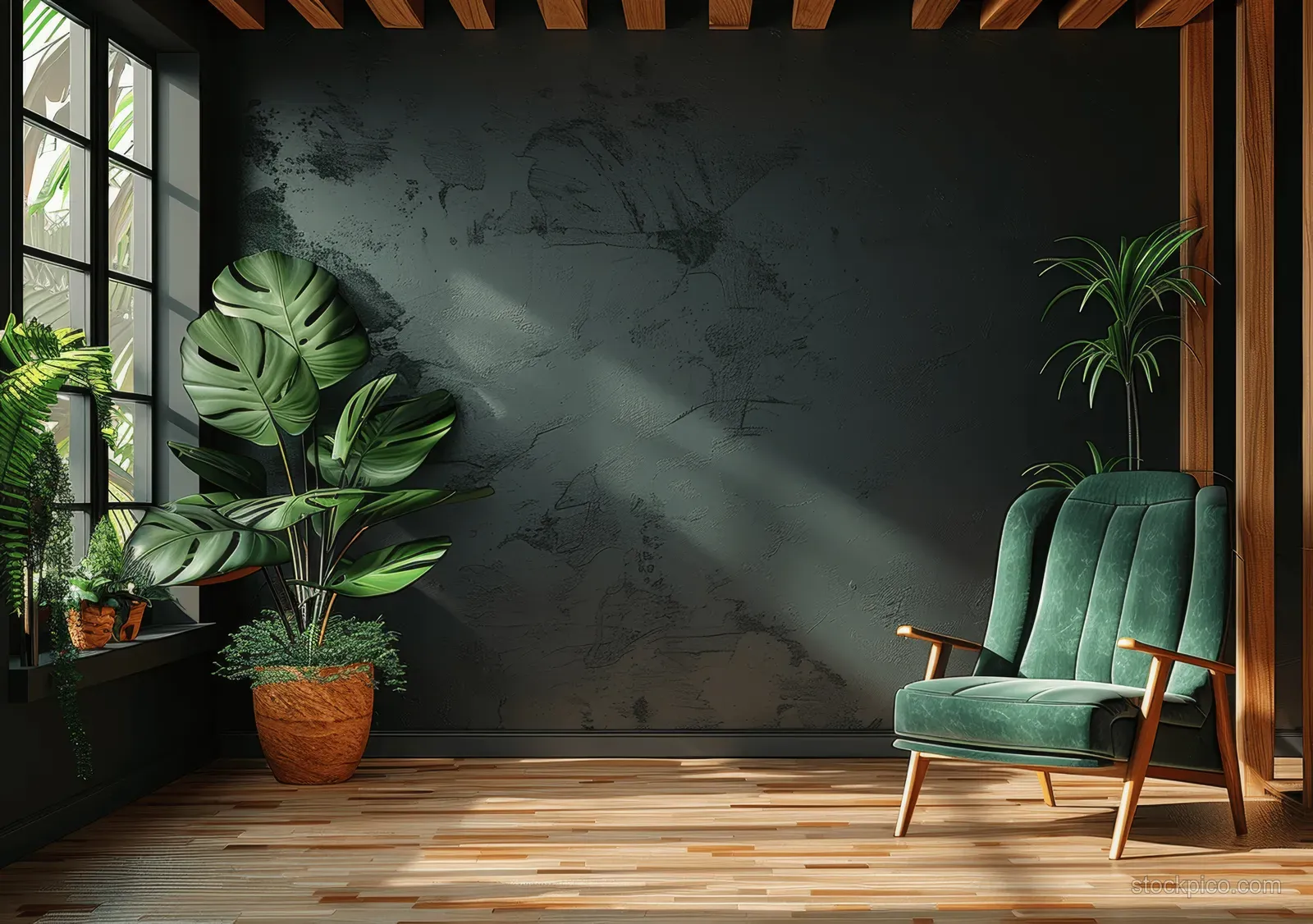 Green velvet armchair sits on a wooden floor by a window with potted plants in front of a dark wall.