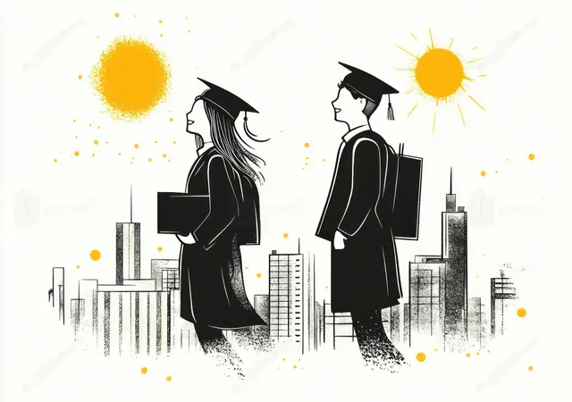 Graduates in caps and gowns high-five over city skyline, minimalist line art with sparkles