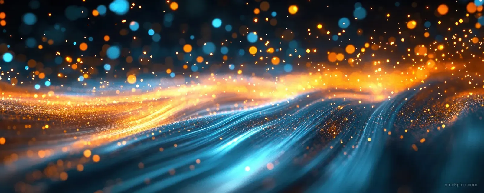 Glowing blue and orange particle waves ripple through a deep digital energy background with sparkling lights.