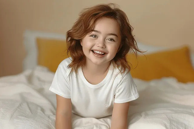 Smiling baby in white bodysuit lying on bed, top view with copy space