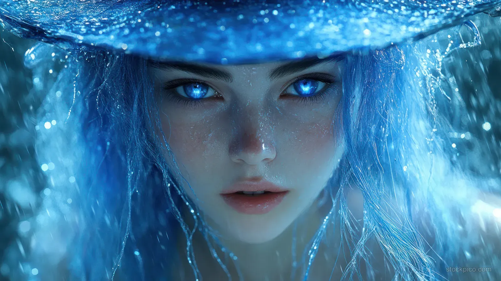 Blue-haired anime witch girl crying under rain, with glowing mushroom hat light reflecting on her face.