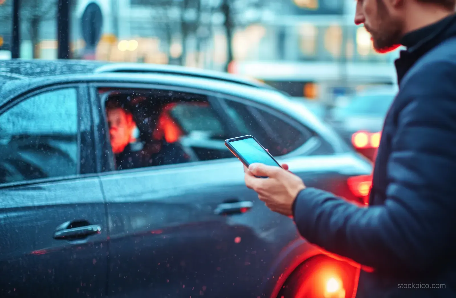 A man holding a smartphone near a car door at dusk while two people sit inside amid blurred traffic lights.