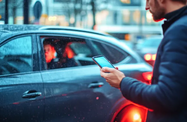 A man holding a smartphone near a car door at dusk while two people sit inside amid blurred traffic lights.