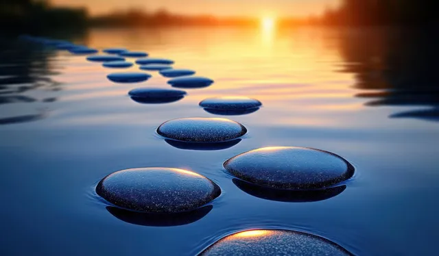 River stones stacked in calm sunset reflections, soft ripples and warm horizon glow