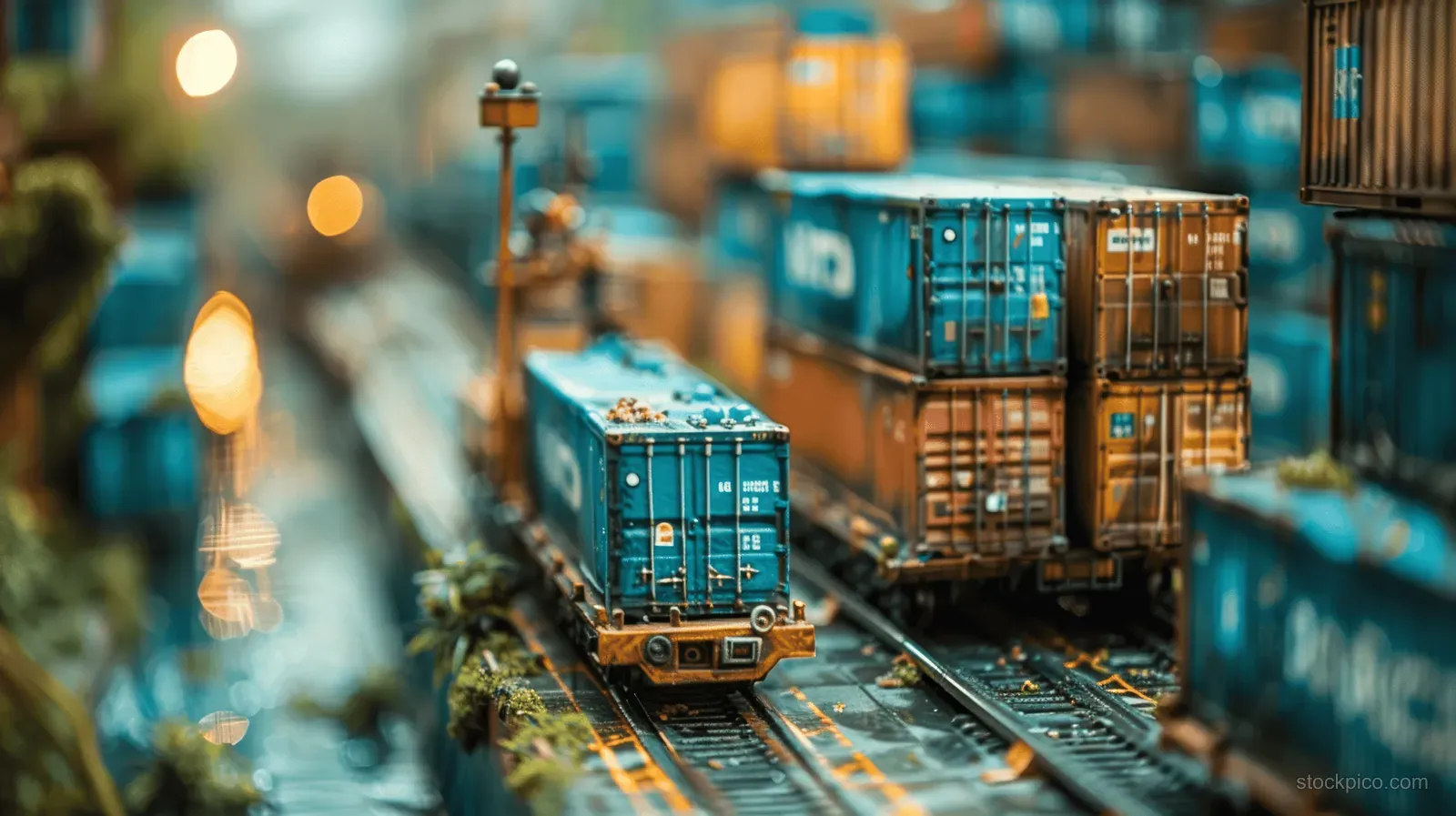 Blue stacked cargo containers on a port dock with tilt-shift blur and golden bokeh lights.