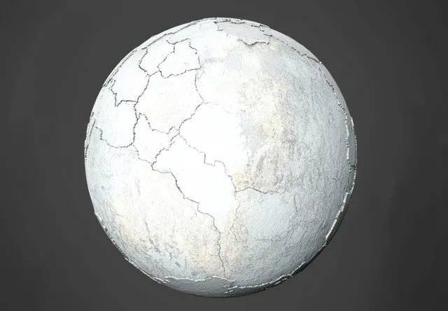 White cracked sphere with weathered texture under soft studio lighting on dark gray background
