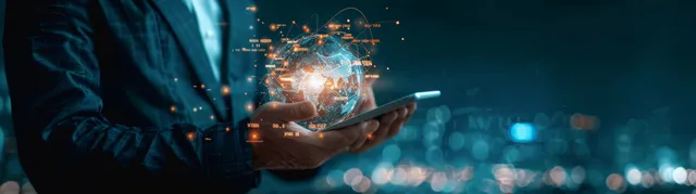 A businessman holds a tablet displaying glowing global data network and holographic AI prompt graphics.