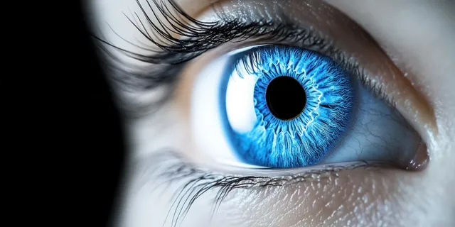 Extreme close-up of a bright blue human eye showing detailed iris patterns and long eyelashes.
