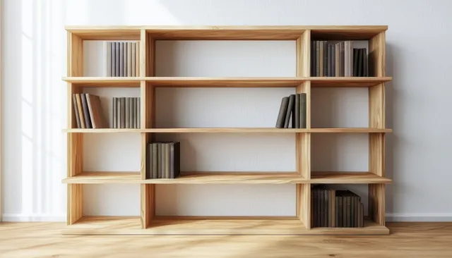 Minimalist Scandinavian wooden bookshelf with empty cubbies and warm natural light