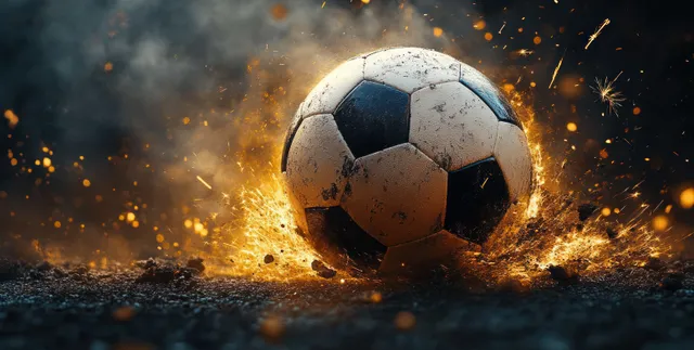 A worn soccer ball impacts the ground, bursting with fiery sparks, smoke, and dust.