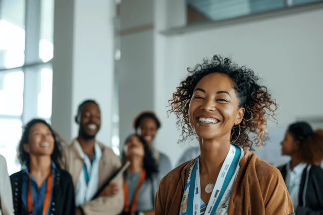 Smiling woman in conference badge lanyard speaking in modern office hallway with coworkers