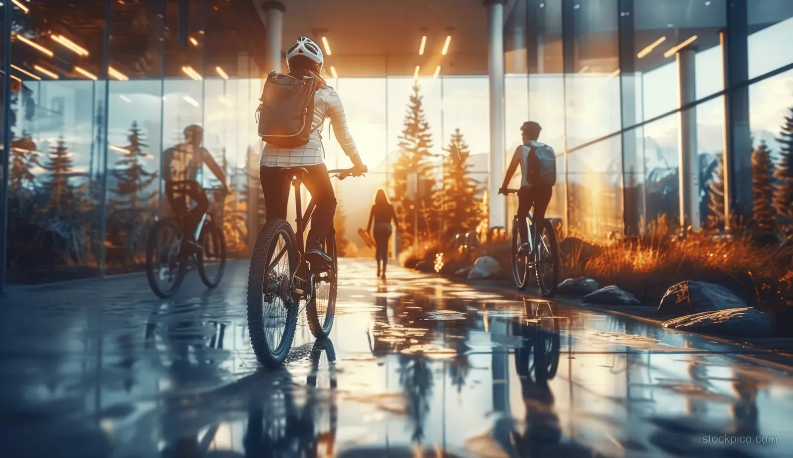 Woman mountain biker rides on a wet reflective indoor track with a glass forest backdrop and sunset light flare.