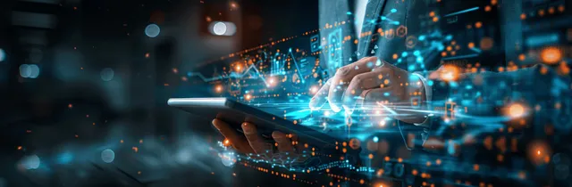 Gloved hands accessing encrypted biometric identity hologram in futuristic data security network