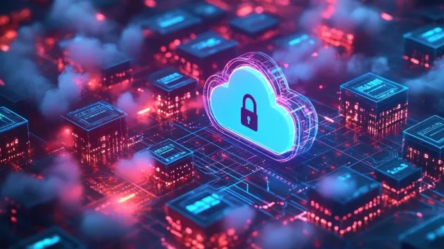 Glowing cloud with a lock over neon circuit boards, showing cloud data protection