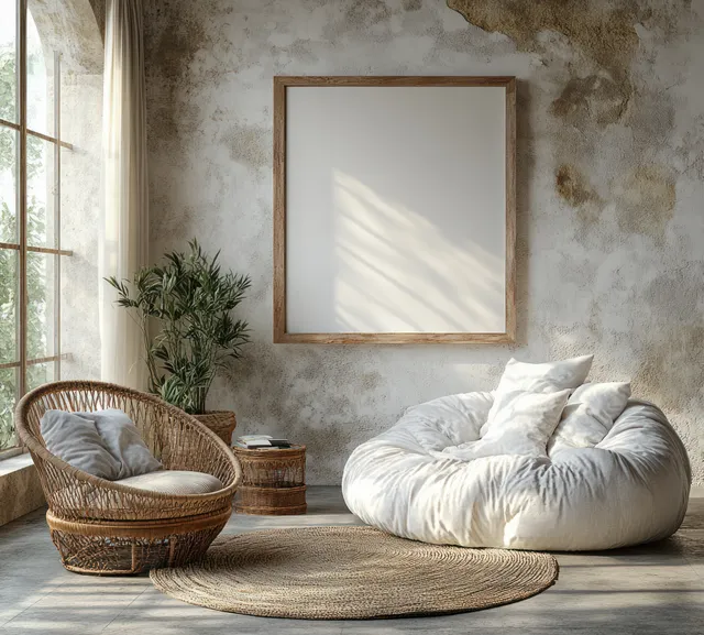 Empty wooden picture frame hangs above a curved rattan lounge chair and white sofa in a Scandinavian living room.
