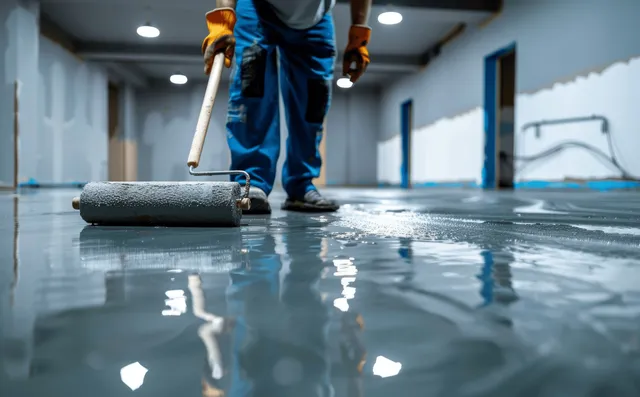 A worker uses a roller to apply grey self-leveling compound on a smooth concrete floor in an indoor renovation.