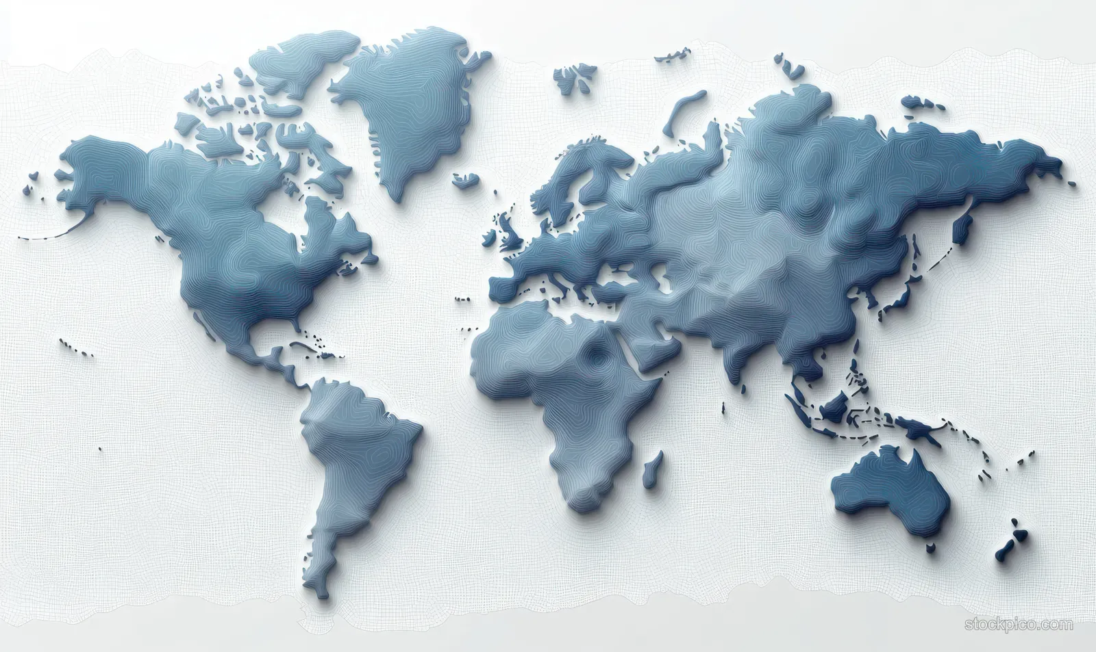Layered blue contour-lined world map showing continents with elevation-style shading on a white background.