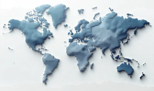 Layered blue contour-lined world map showing continents with elevation-style shading on a white background.