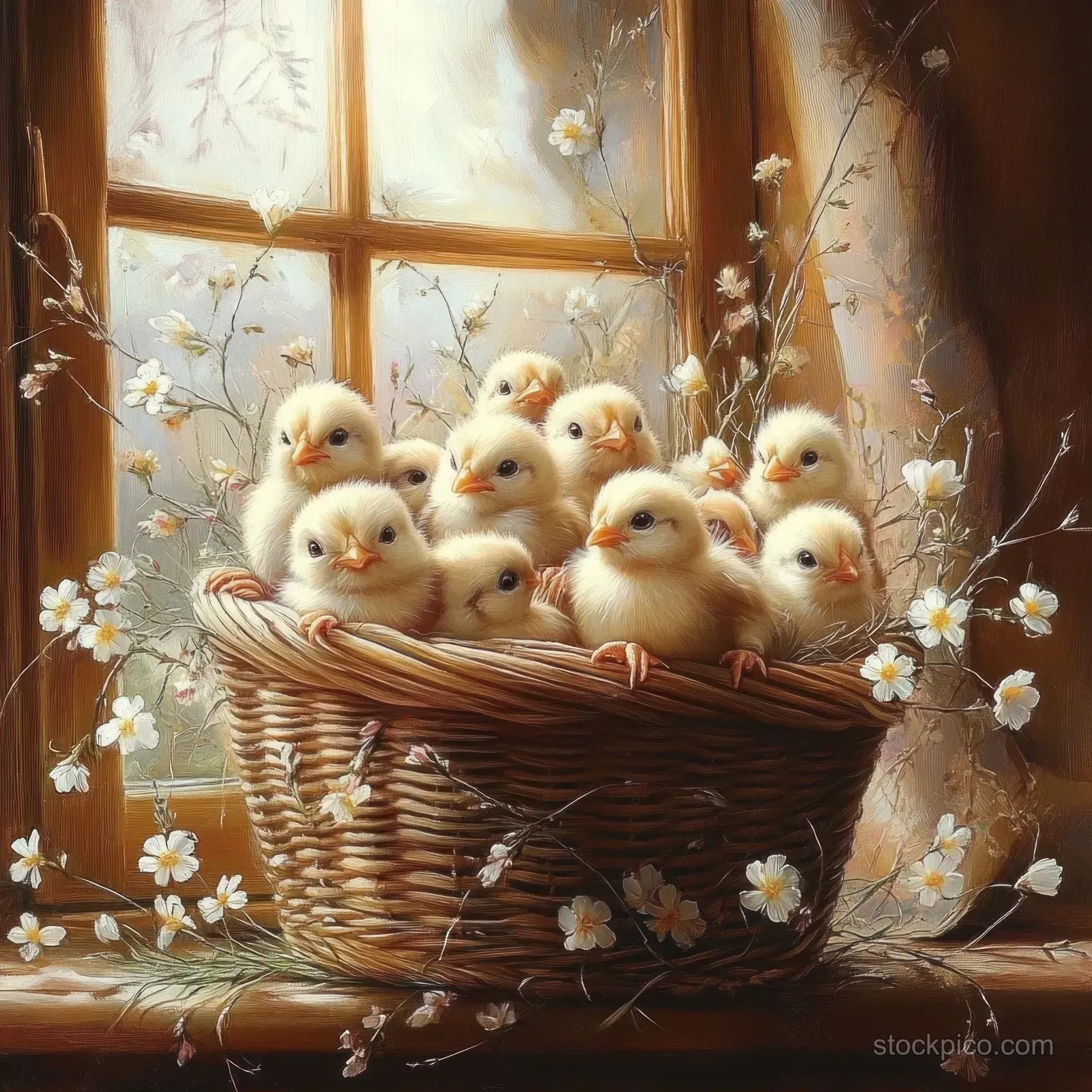 Fluffy yellow baby chicks sit together in a woven basket on a sunlit wooden windowsill surrounded by white flowers.