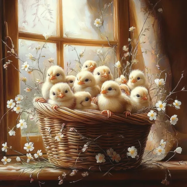Fluffy yellow baby chicks sit together in a woven basket on a sunlit wooden windowsill surrounded by white flowers.