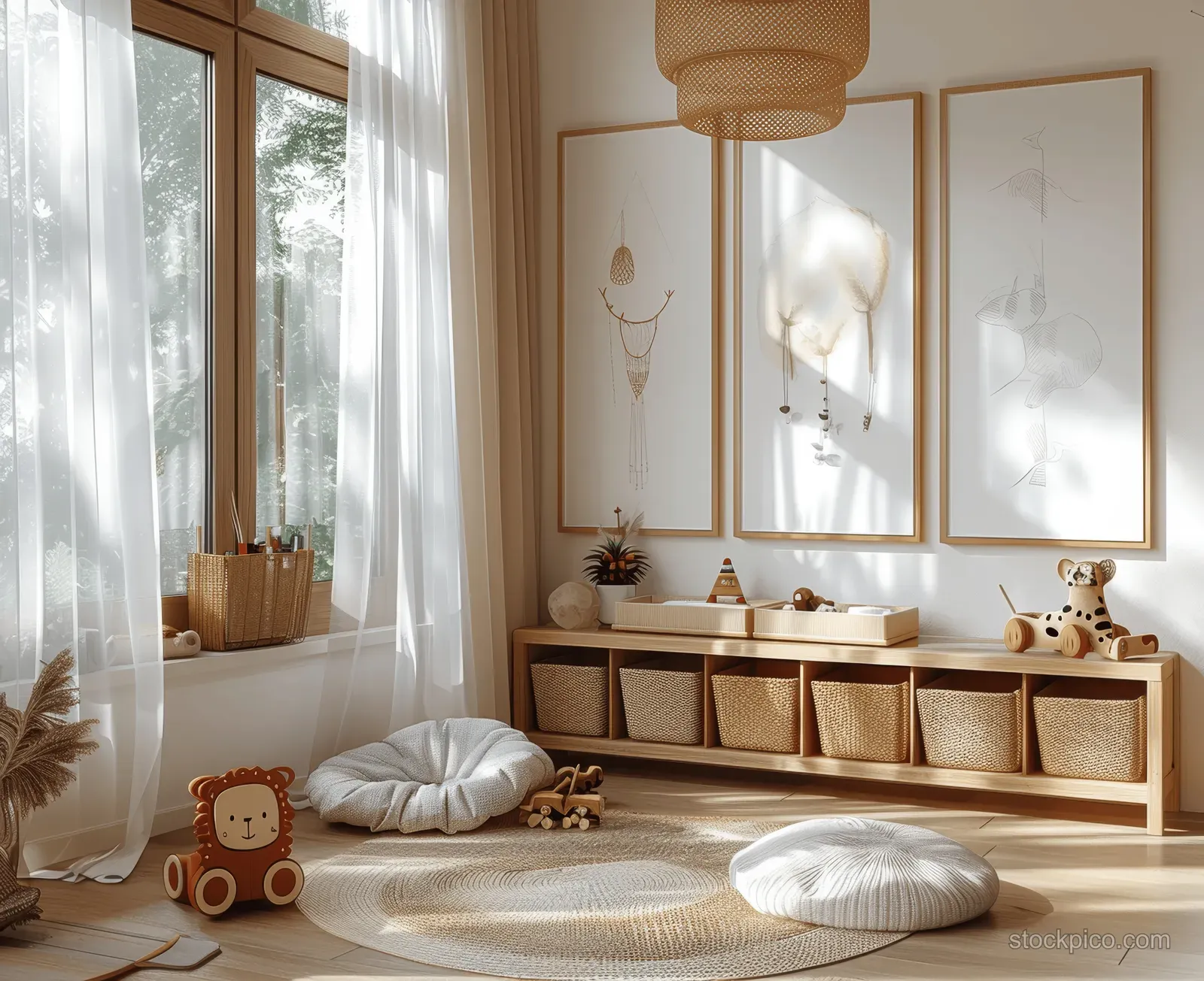 Minimalist boho nursery with wooden toy shelf, lion chair, and soft daylight from a sheer-curtain window.