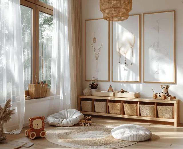 Minimalist boho nursery with wooden toy shelf, lion chair, and sheer window light