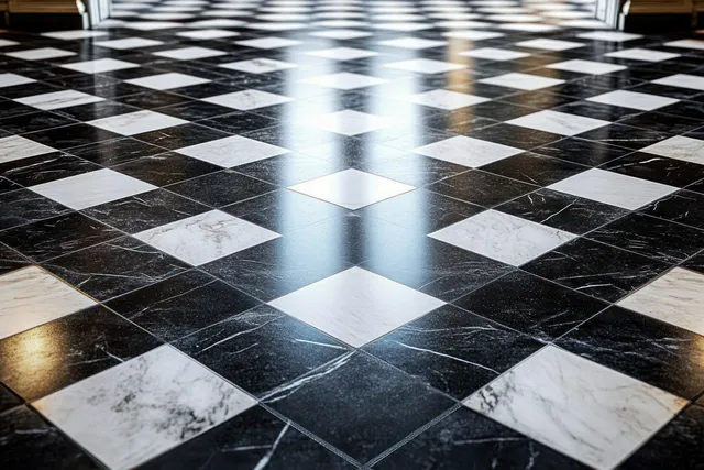 Black and white checkered marble floor with diagonal sunlight rays and soft shadows across the tiles.