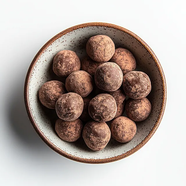 Cocoa-dusted chocolate truffles piled in a ceramic bowl photographed from above under soft natural light.