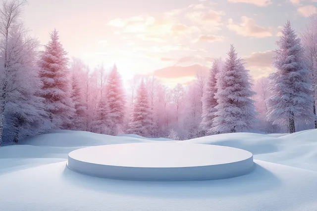 A circular white podium on snow with frosted trees and soft pastel winter sunset lighting behind it.