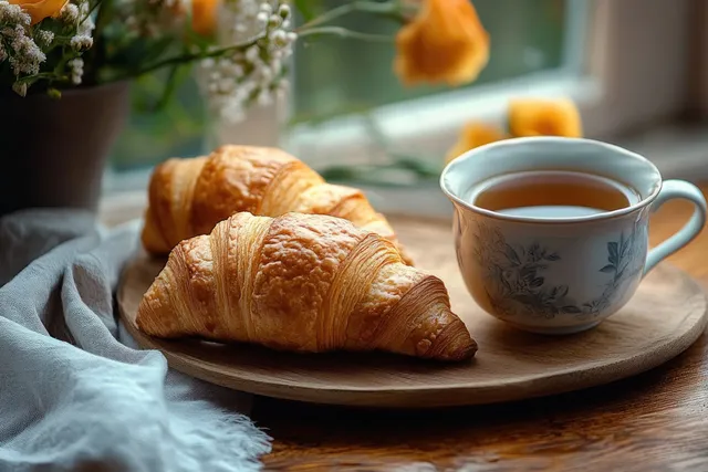 Fresh croissants and steaming tea on a white wooden table in warm morning light