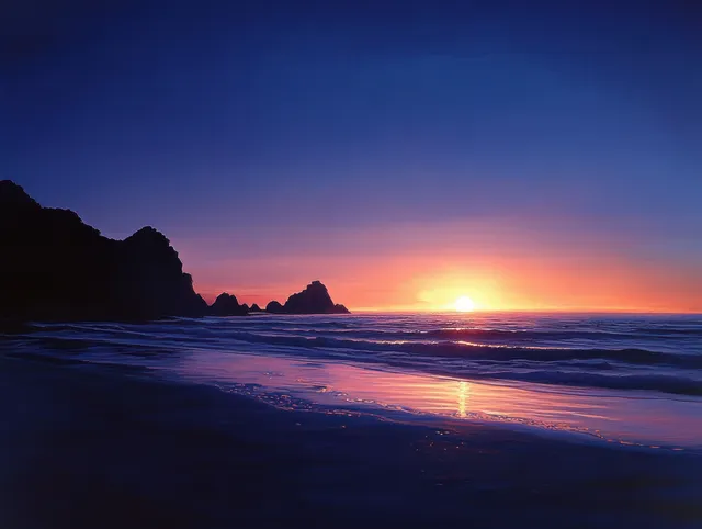 Calm ocean waves wash onto sandy shore as dark cliffs silhouette beneath sunset glow