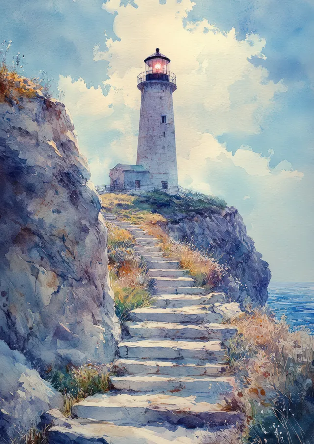 Watercolor painting of a lighthouse on a cliff beside stone steps overlooking a blue ocean under fluffy clouds.