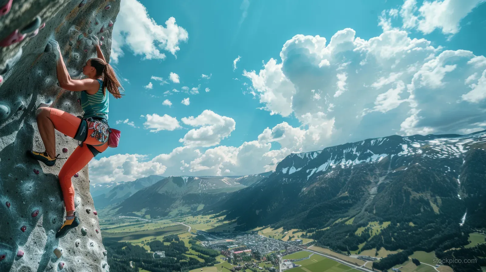 Female climber ascends a steep alpine rock wall while Austria’s mountain valley spreads below.