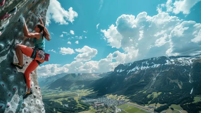 Female climber ascends a steep alpine rock wall while Austria’s mountain valley spreads below.