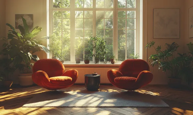 Sunlit minimalist lounge shows two burgundy armchairs facing a black side table beneath large windows with plants around.