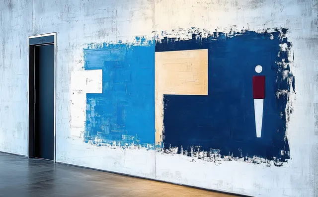 Abstract blue and beige geometric mural with a stylized figure beside a black door on a white wall inside a spacious room.