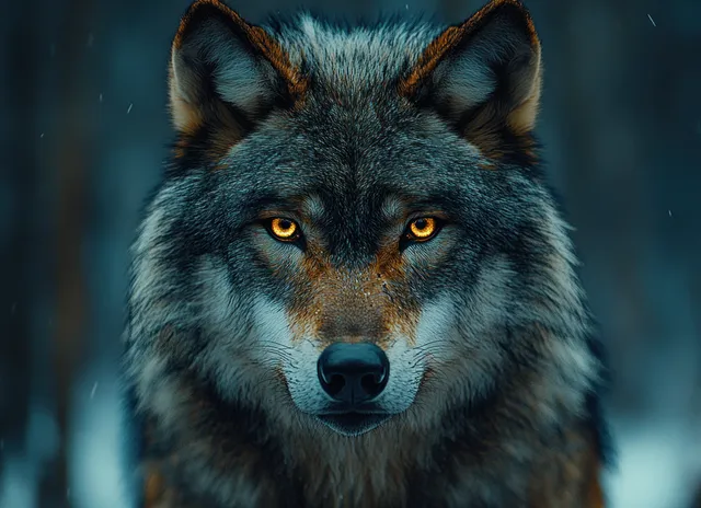 A grey wolf close-up stares with glowing golden eyes in a dark, misty forest.