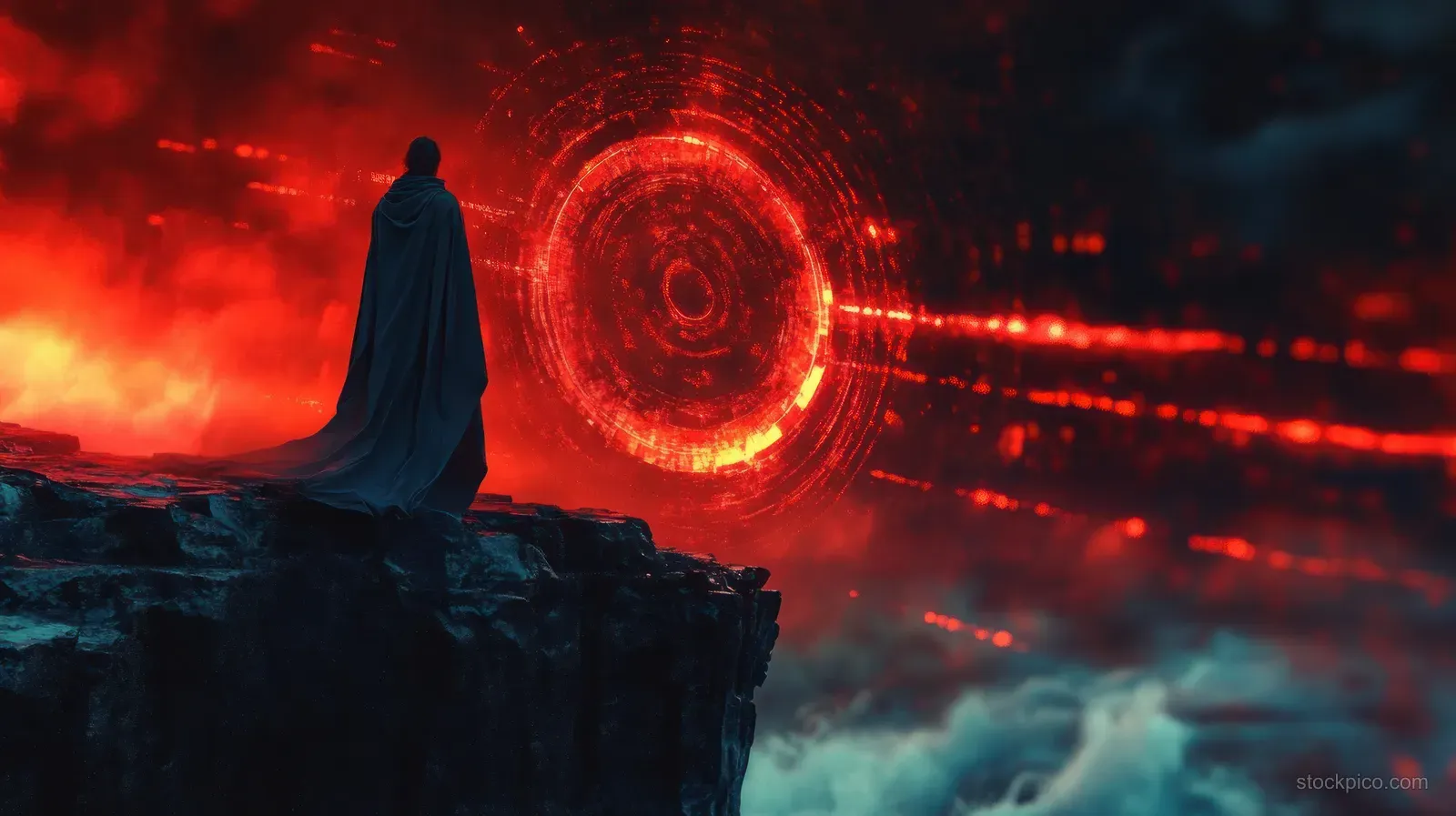 A cloaked figure stands on a rocky cliff facing a glowing red circular portal with beams in a fiery misty sky.