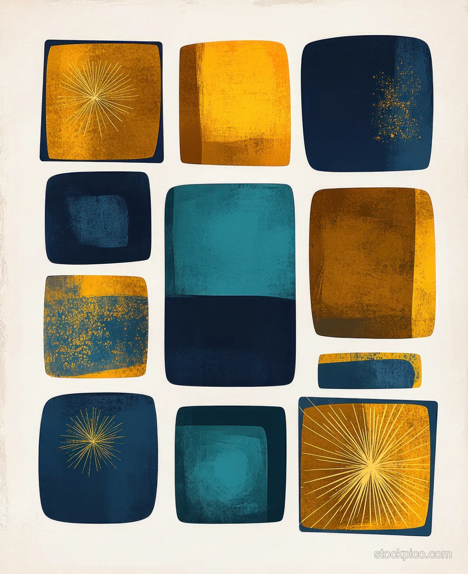 Abstract colored squares and rectangles with textured fills and starburst line accents on a light background.
