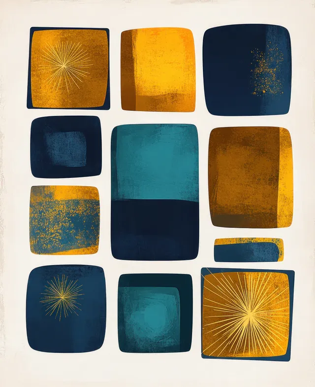 Mid-century geometric squares in blue, teal, and mustard with textured starburst accents