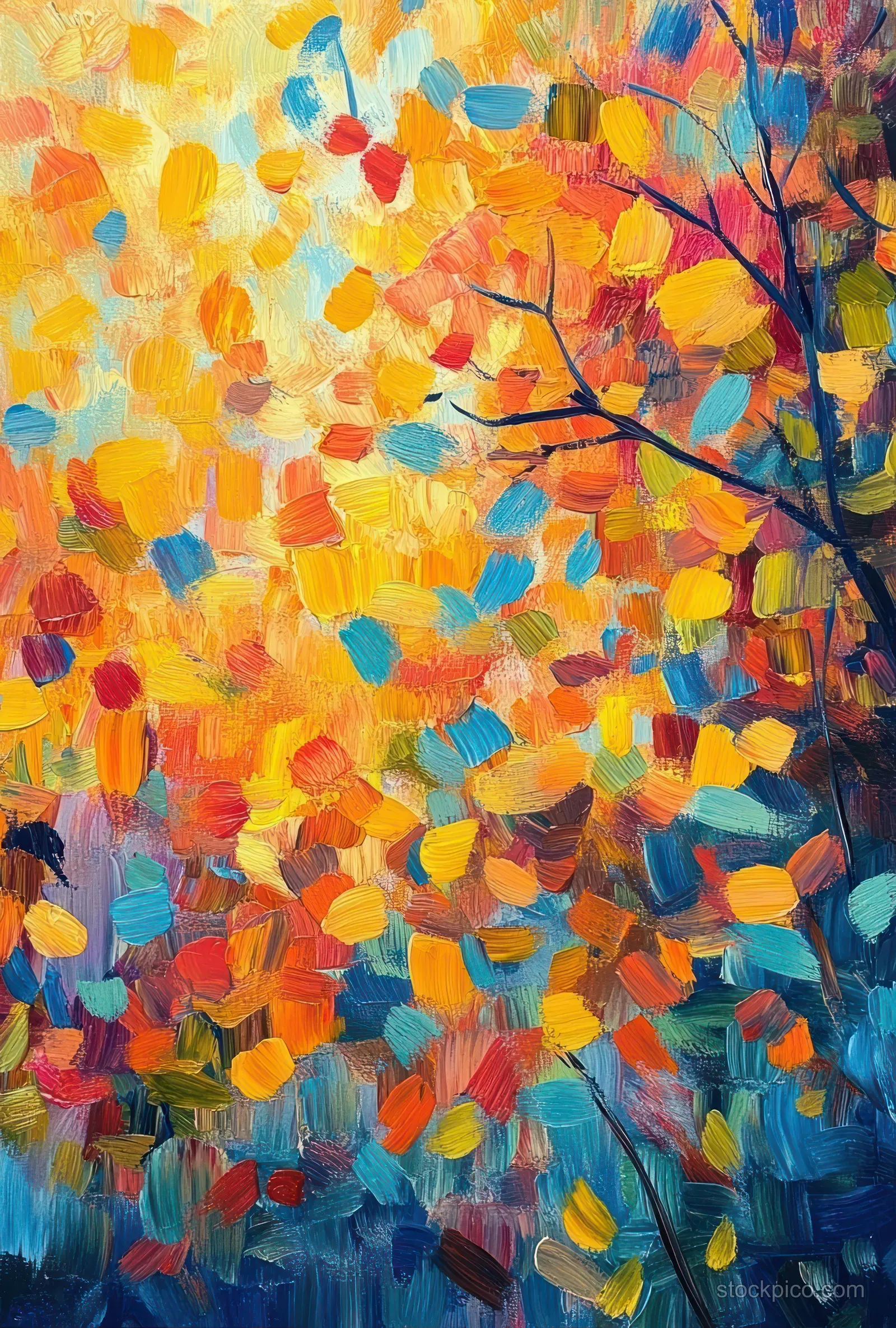 Abstract autumn foliage painting with colorful leaf clusters and dark tree branches rising on the right.