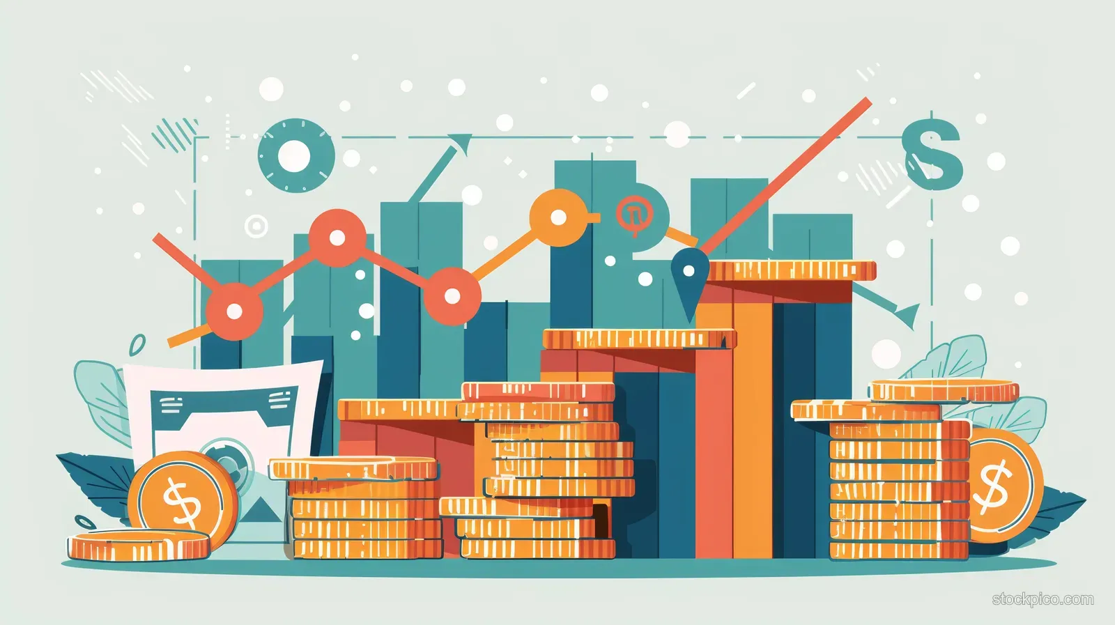 Dollar coins and banknotes flank an upward inflation graph with chart elements on a light gray background.