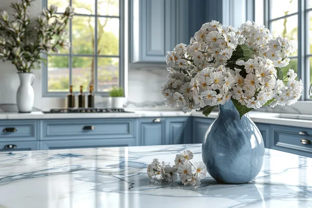 White marble countertop in a blue kitchen with a vase of white flowers and soft blurred background.
