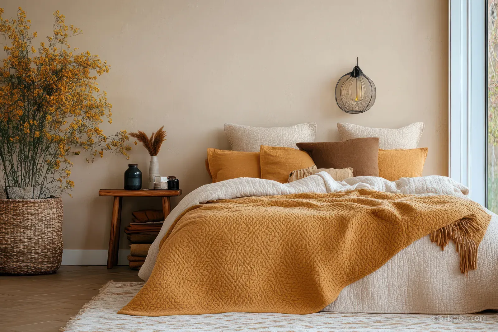 Sunlit Scandinavian bedroom corner with a made bed, warm quilt, pillows, and a minimal wooden nightstand.
