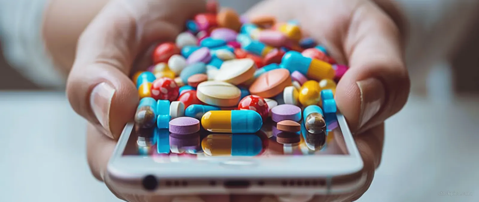 Hands hold a smartphone with colorful medication pills in view alongside reminder-like icons on the screen.