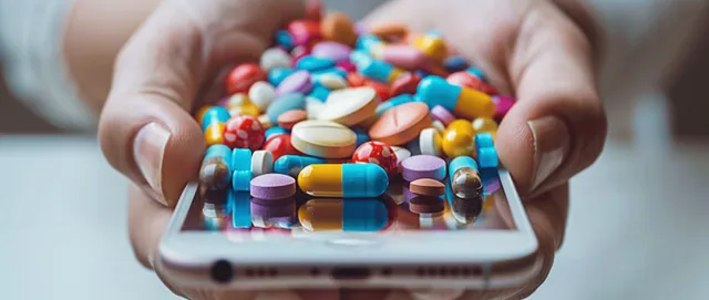 Hands hold a smartphone with colorful medication pills in view alongside reminder-like icons on the screen.