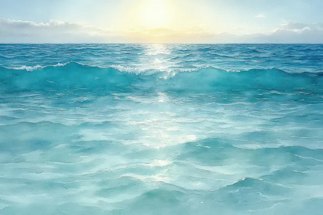 Watercolor sea waves under morning light, turquoise reflections across a calm tropical shoreline